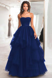 Black Ball Gown Tulle Tiered Strapless A Line Prom Dress