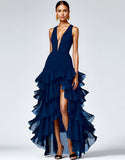 A Line Plum Sleeveless V-Neck Tiered Long Formal Dress with Slit