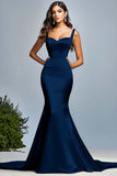 Dark Green Mermaid Satin Spaghetti Straps Maxi Prom Dress