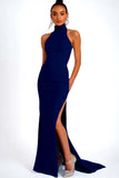 Dark Navy Satin Sheath High Neck Long Wedding Guest Dress with Slit