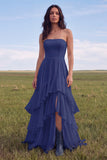 White Strapless A Line Swep Train Tiered Western Wedding Dress with Ruffles