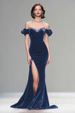 Burgundy Velvet Mermaid Long Holiday Party Dress with Beading