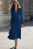 Sky Blue Midi Peak Lapel Pencil One Button Blazer Dress with Sleeves