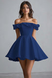 A Line Satin Off the Shoulder White Short Graduation Dress with Ruffles