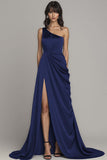 A Line Satin Black One Shoulder Long Formal Dress with Slit