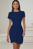 White Bodycon Satin Short Sleeve Work Dress with Pleats
