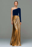 Metallic Red and Gold One Shoulder Mermaid Velvet Long Holiday Party Dress