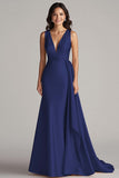 Elegant Maxi Champagne V-Neck Mermaid Satin Formal Dress