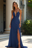 Champagne Spaghetti Straps Applique Sheath Prom Dress with Slit