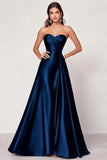 Dark Green A Line Satin Strapless Maxi Prom Dress
