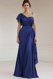 Grey Blue Sheath Satin Asymmetrical Neck Long Formal Dress with Ruffles