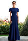 Ink Blue Short Sleeves Satin Sheath Long Mother of the Bride Dress