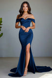 Dusty Sage Mermaid Off the Shoulder Elegant Maxi Prom Dress with Slit