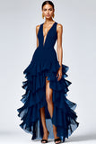 Black A Line Deep V-Neck Ruffled Long Formal Dress with Slit
