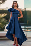 Fuchsia A Line Ruffled Satin Asymmetrical Formal Dress