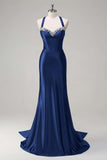 Dark Green Corset Beaded Satin Mermaid Sweep Train Prom Dress