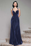 Burgundy Velvet Mermaid Thick Straps Long Ruched Holiday Party Dress