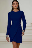 Short Ivory Pencil Pleated Round Neck Work Dress with Sleeves