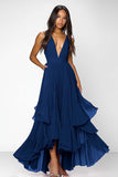 A Line Red V-Neck Ruffled Chiffon Long Formal Dress