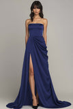 Black Strapless Satin Ruched A Line Maxi Formal Dress with Slit