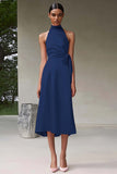 Pink Satin A Line Halter Tea Length Formal Dress