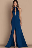 Simple Halter Satin Keyhole Mermaid Long Black Tie Dress with Slit