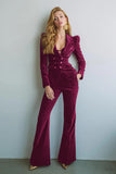 Burgundy 2 Piece Notched Lapel Velvet Fitted Prom Suits with Pockets
