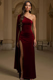 Sheath Velvet Dark Green One Shoulder Long Holiday Party Dress with Slit
