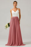 Cabernet A-Line Spaghetti Straps Pleated Long Bridesmaid Dress With Lace
