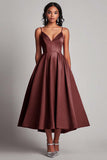 Champagne Satin A-Line V Neck Tea Length Formal Dress