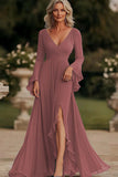 Dark Grey A Line Ruffled Long Chiffon Mother of the Bride Dress with Slit