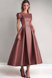 Satin A-Line Champagne Rose Short Sleeves Mother of the Bride Dress