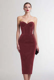 Burgundy Sheath Corset Sweetheart Midi Velvet Holiday Party Dress