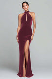 Burgundy Velvet Halter Keyhole Mermaid Maxi Holiday Party Dress with Slit