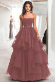 Black Ball Gown Tulle Tiered Strapless A Line Prom Dress
