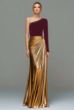 Metallic Red and Gold One Shoulder Mermaid Velvet Long Holiday Party Dress