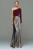 Metallic Red and Gold One Shoulder Mermaid Velvet Long Holiday Party Dress
