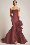 Strapless Satin Mermaid Long Black Tie Dress with Ruffles