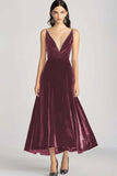 Burgundy V-Neck Velvet A Line Formal Dress