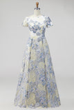 Jacquard Dusty Blue Floral A Line Long Wedding Guest Dress