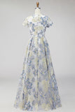Jacquard Dusty Blue Floral A Line Long Wedding Guest Dress