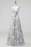 Jacquard Dusty Blue Floral A Line Long Wedding Guest Dress