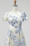 Jacquard Dusty Blue Floral A Line Long Wedding Guest Dress