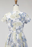 Jacquard Dusty Blue Floral A Line Long Wedding Guest Dress