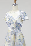 Jacquard Dusty Blue Floral A Line Long Wedding Guest Dress