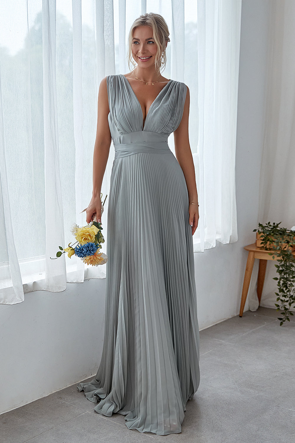 Leely Women Dolphin Grey Long Bridesmaid Dress A Line V Neck Pleated Formal Dress leelyuk Leely Women Dolphin Grey Long Bridesmaid Dress A Line V Neck Pleated Formal Dress leelyuk