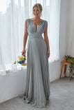 Dolphin Grey A Line V Neck Pleated Long Bridesmaid Dress