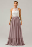 Dusk A-Line Halter Pleated Keyhole Chiffon Bridesmaid Dress With Lace