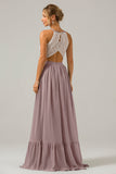 Dusk A-Line Halter Pleated Keyhole Chiffon Bridesmaid Dress With Lace