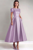 Satin A-Line Champagne Rose Short Sleeves Mother of the Bride Dress